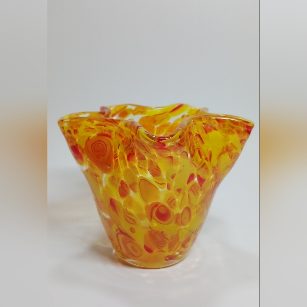 Vintage Handblown Orange and Red Wavy Vase